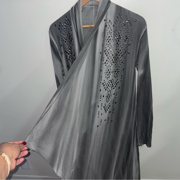 Cardigan Studded Long Sleeve Draped Long Asymmetric Gray Fall Cardigan Size M - Picture 5 of 5